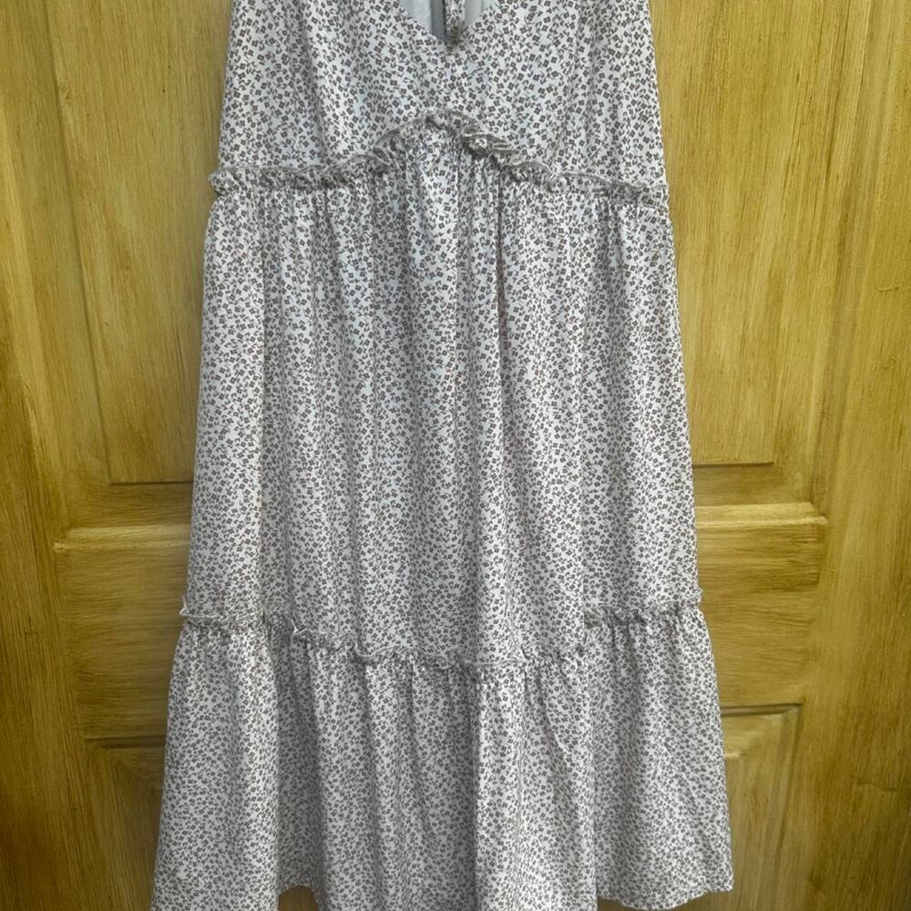 Wishlist Apparel M Brown Floral Tiered Maxi Mini Dress Tie Back Boho Cottage
